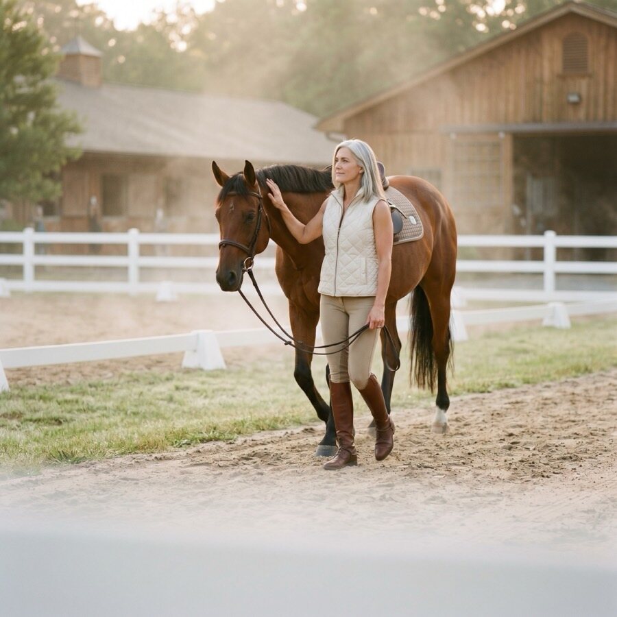 A woman leading her horse