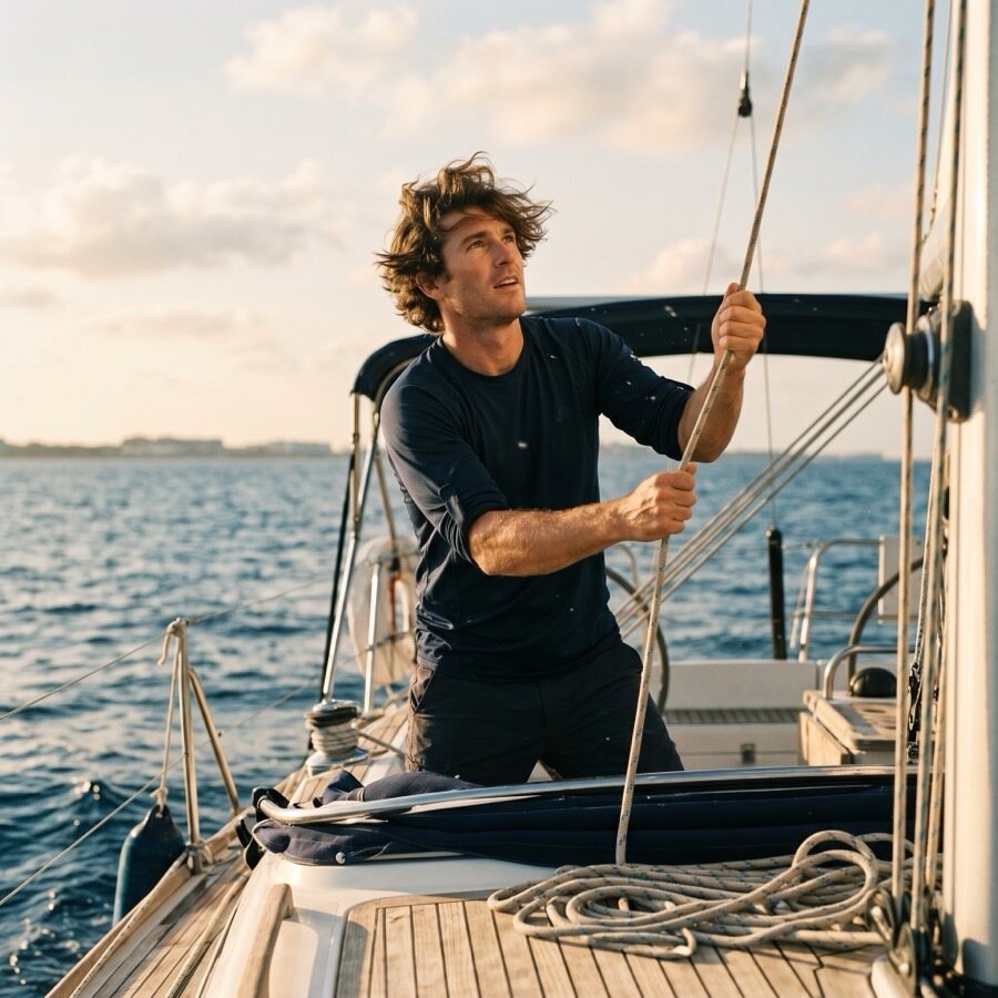 A man hoisting a sail